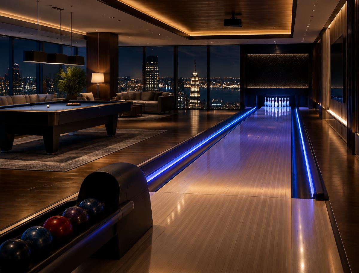 Private bowling lane in a luxury penthouse at night